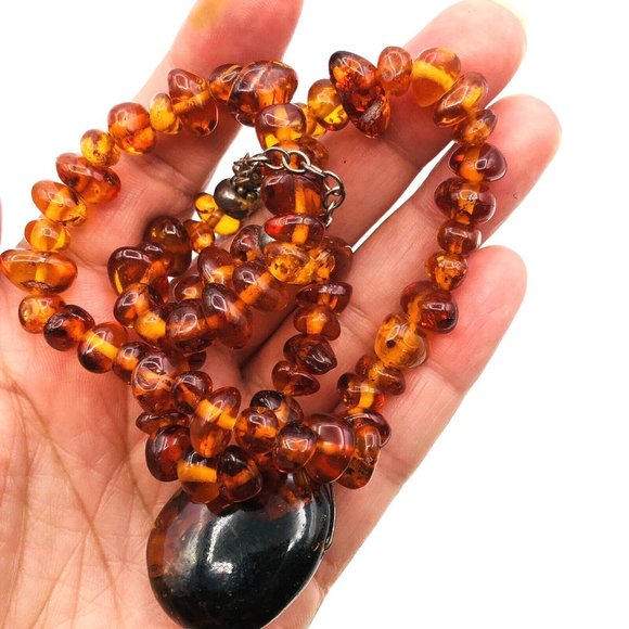 Vintage Baltic Amber Bead Necklace Sterling Silver 925 Oval Pendant Necklace - Picture 6 of 9